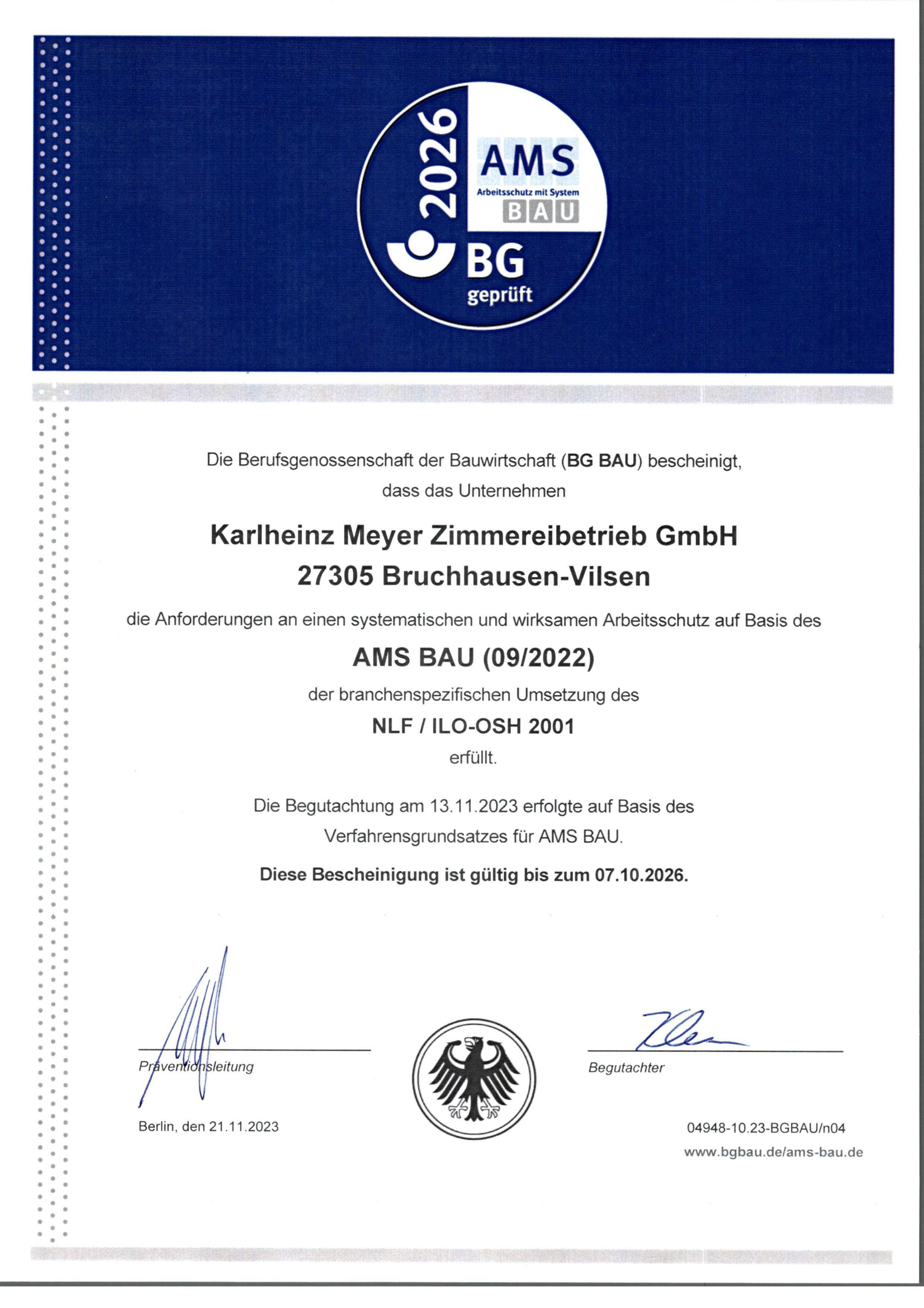 AMS BAU Bescheinigung 2026