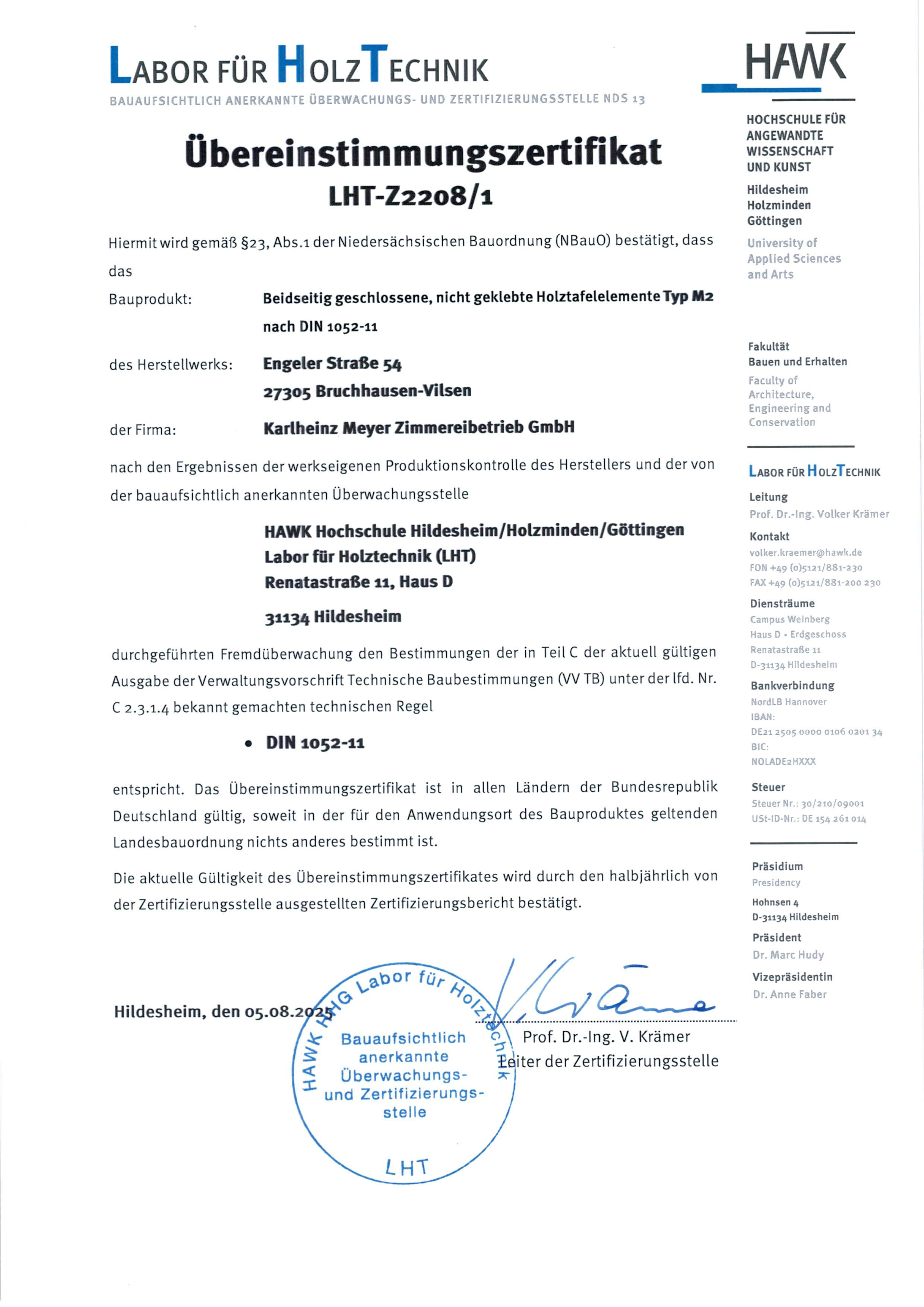 Labor für Holztechnik - Übereinstimmungszertifikat 2025