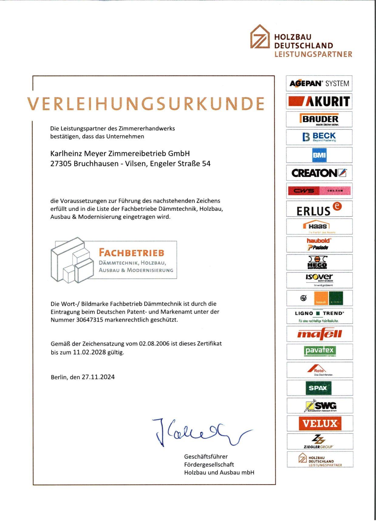 Fachbetrieb Dämmtechnik - Verleihungsurkunde 2024